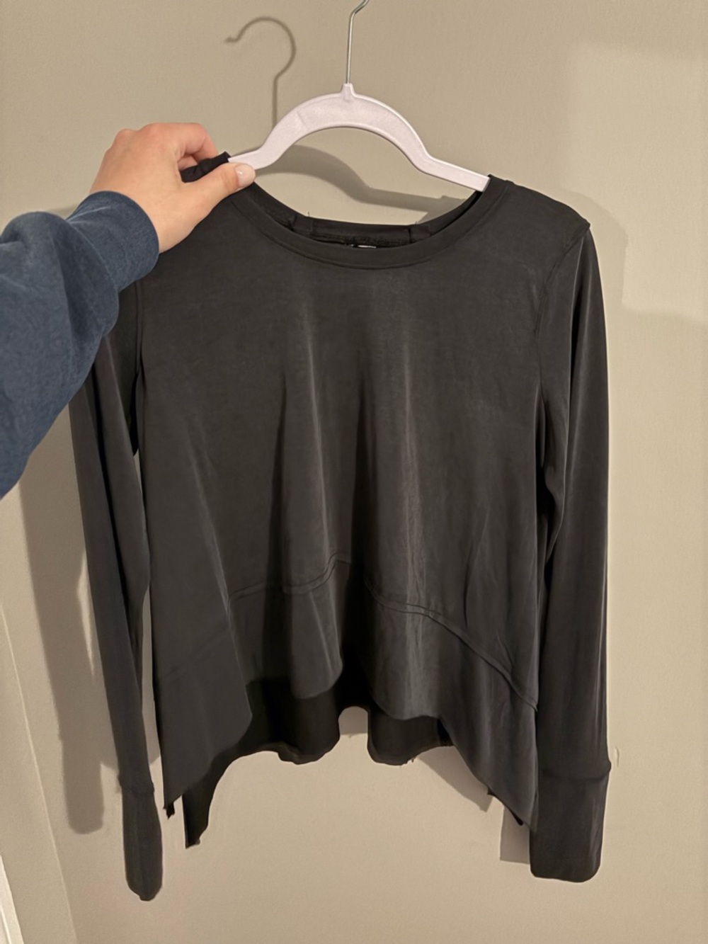 Women's Long-Sleeve Black Crewneck Top cropped asymmetrical hem